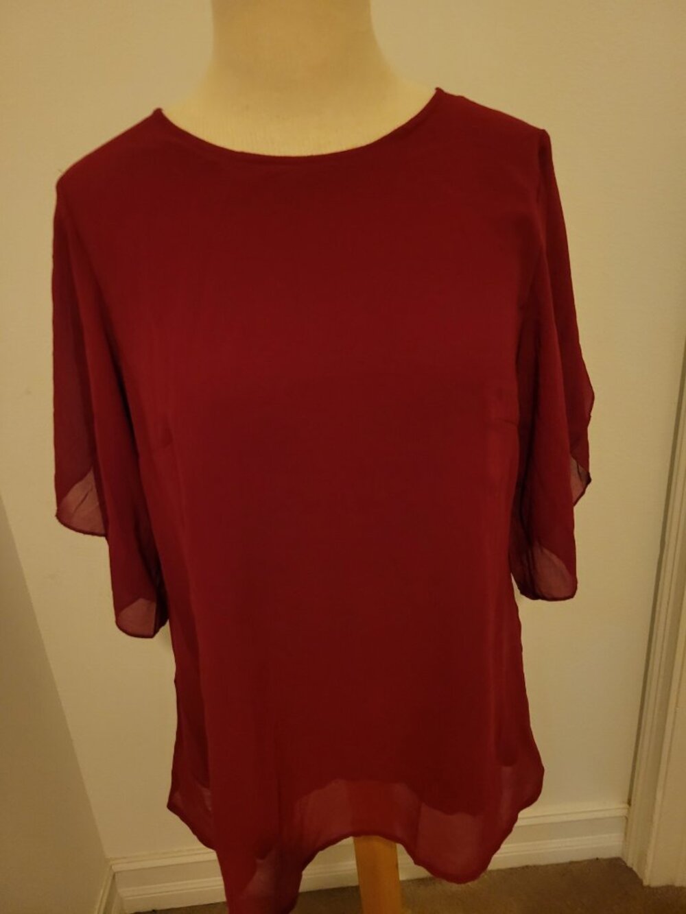 Short sleeve sheer overlay jewel neck blouse